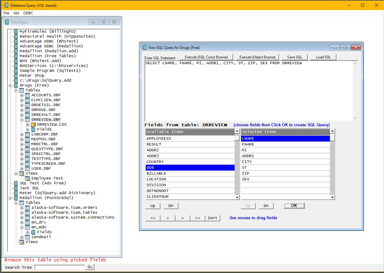 The is a field picker to help create quick queries.  16 different data sources are shown in the tree view.