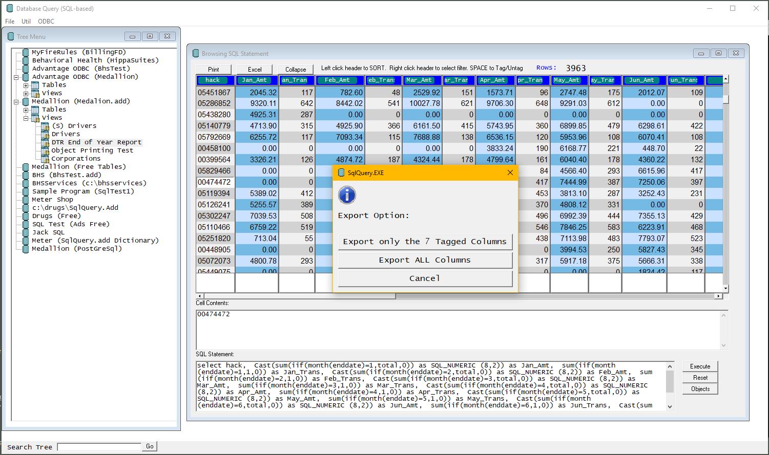 This screen shows how columns can be tagged for exclusion, exporting or printing.