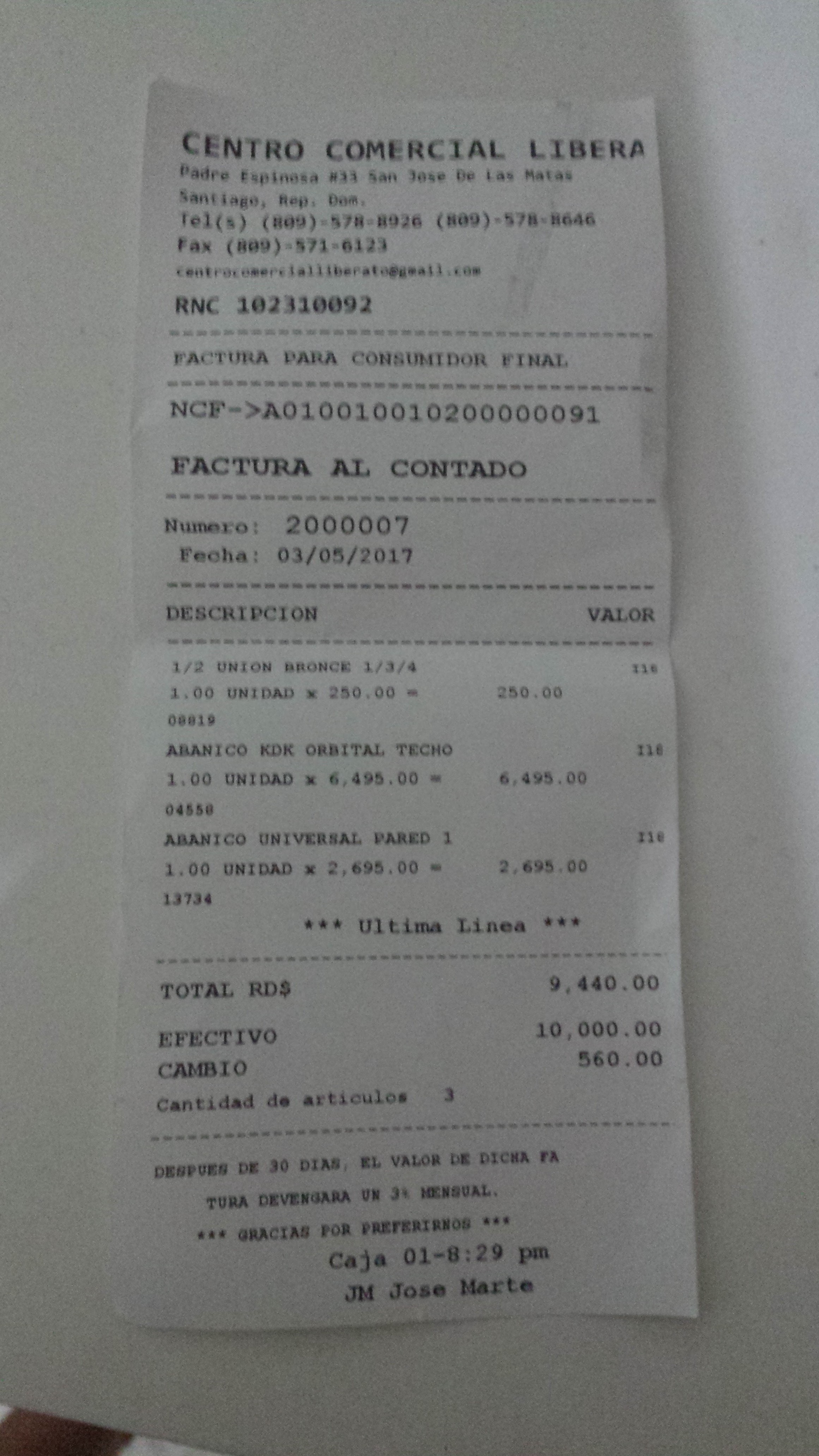 Example of an invoice or ticket as printed