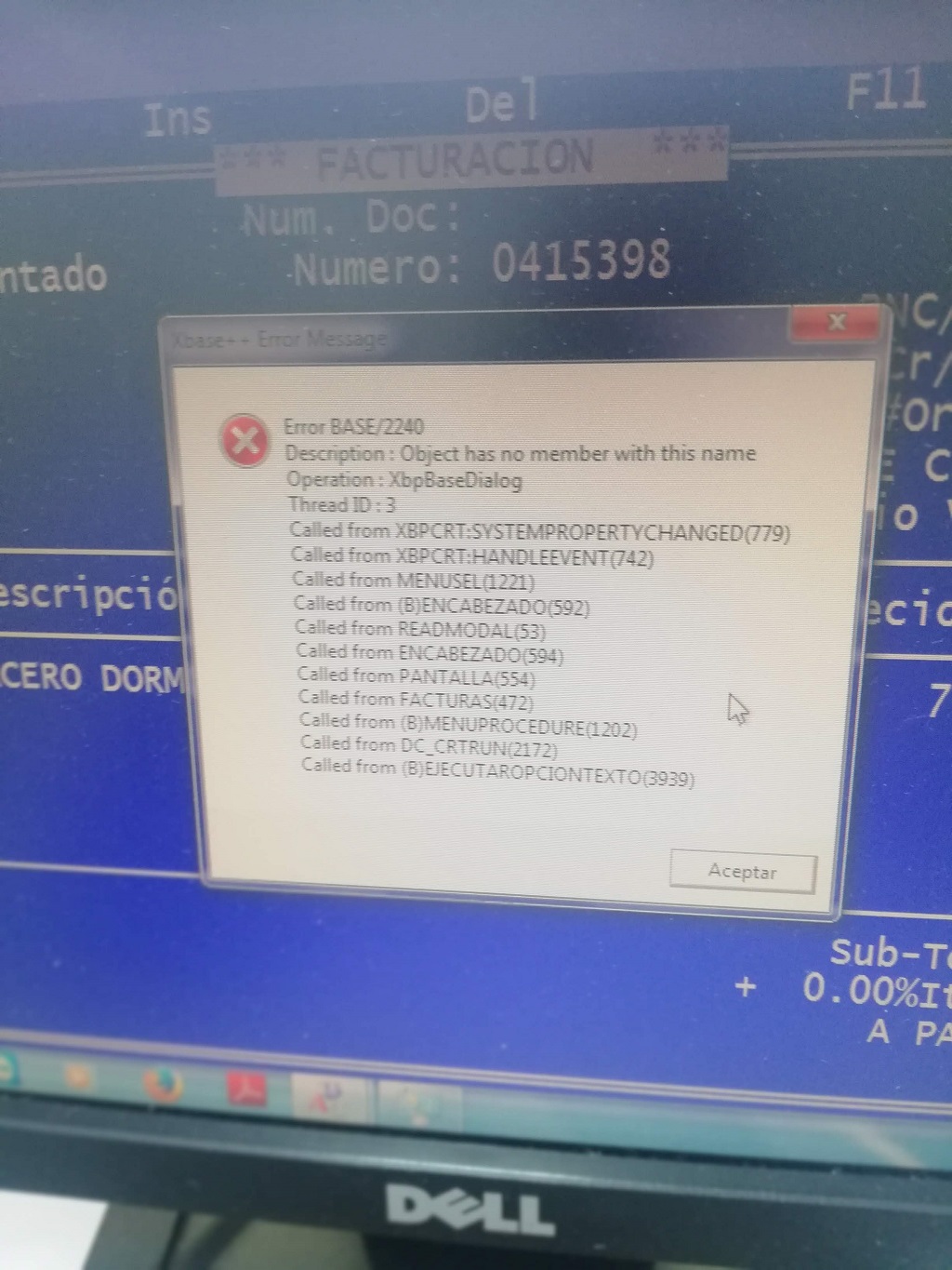 Screen with the error / Pantalla con el Error